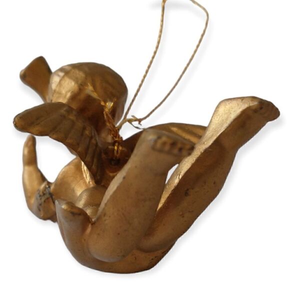 Cherub Angel Christmas Ornament Gold Plastic Vtg 70s WF Winged Trumpet Hong Kong - Picture 6 of 15